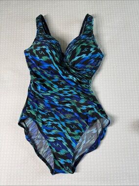 Miraclesuit blue green and black print with padded bra cups size 10